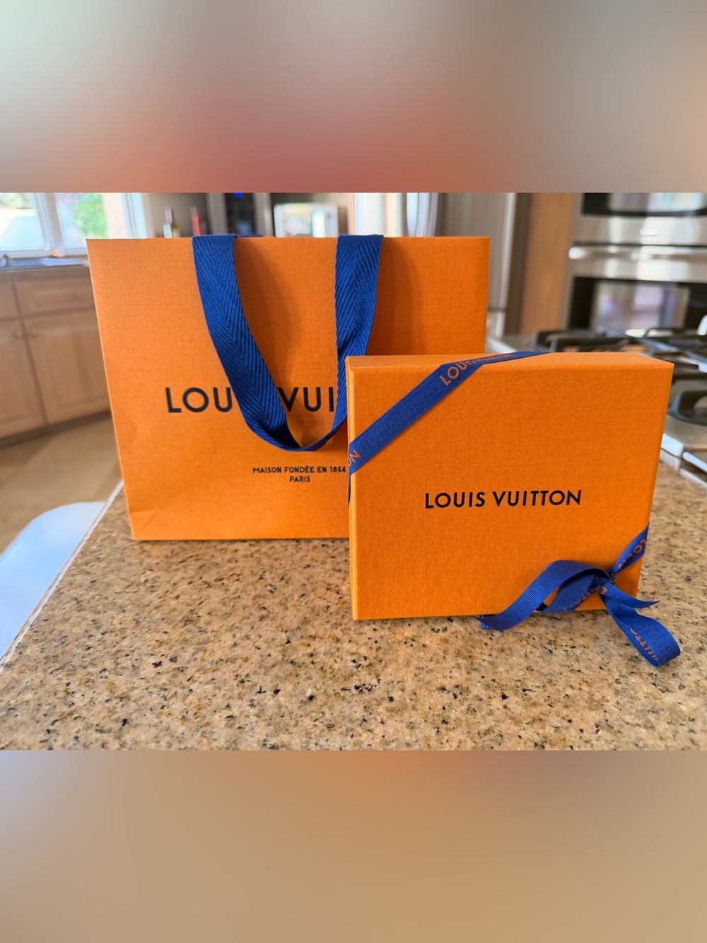 Louis Vuitton Orange Box with Blue Ribbon - Iconic Gift Packaging